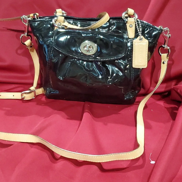 Coach Handbags - Coach shiny patent leather black and tan handbag or crossbody bag